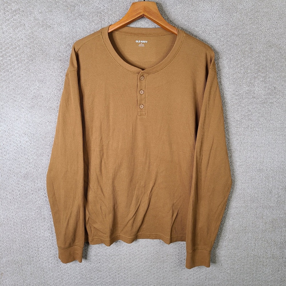 Old Navy Henley Mens XL Brown Waffle Knit Henley Built In Flex Cotton Casual